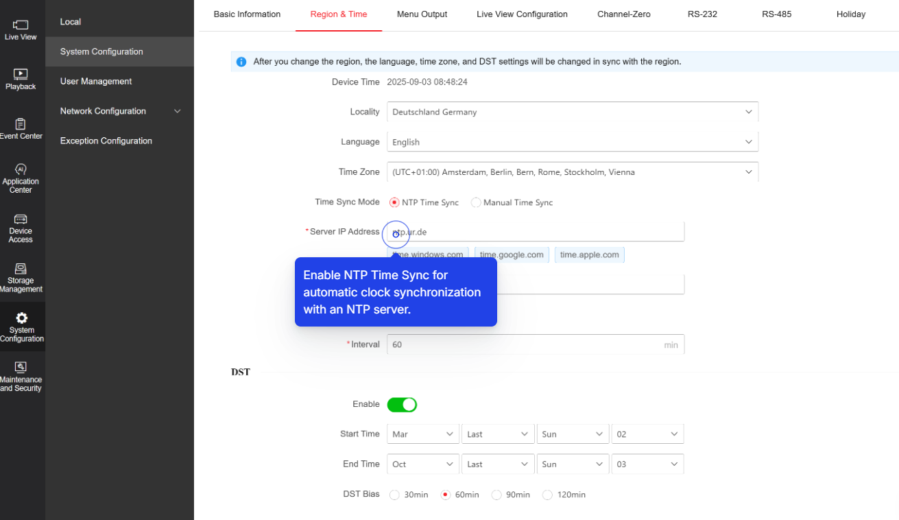Hikvision NTP Settings